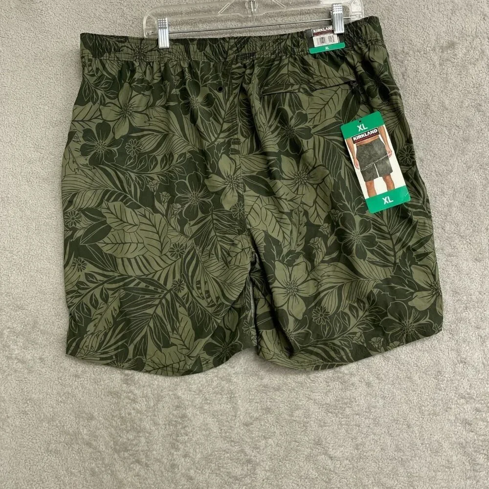 Kirkland Signature Men's XL Swim Trunk Olive Green Floral Print Quick Dry N0993